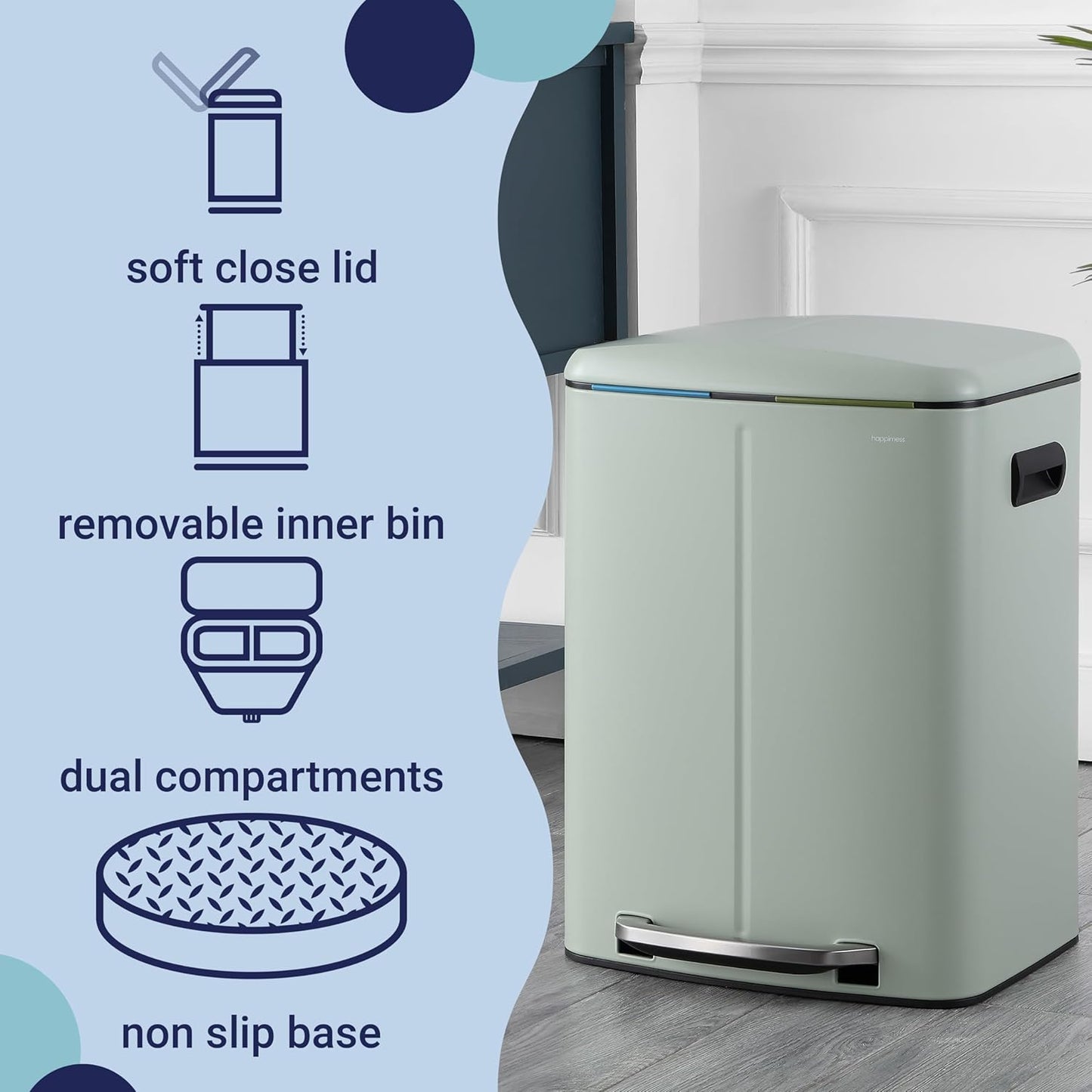 happimess HPM1005E Marco Rectangular 10.6-Gallon Double Bucket Trash Can with Soft-Close Lid, Fingerprint Resistant, Modern, Minimalistic for Home, Kitchen, Office, Bathroom, Pistachio Gelato