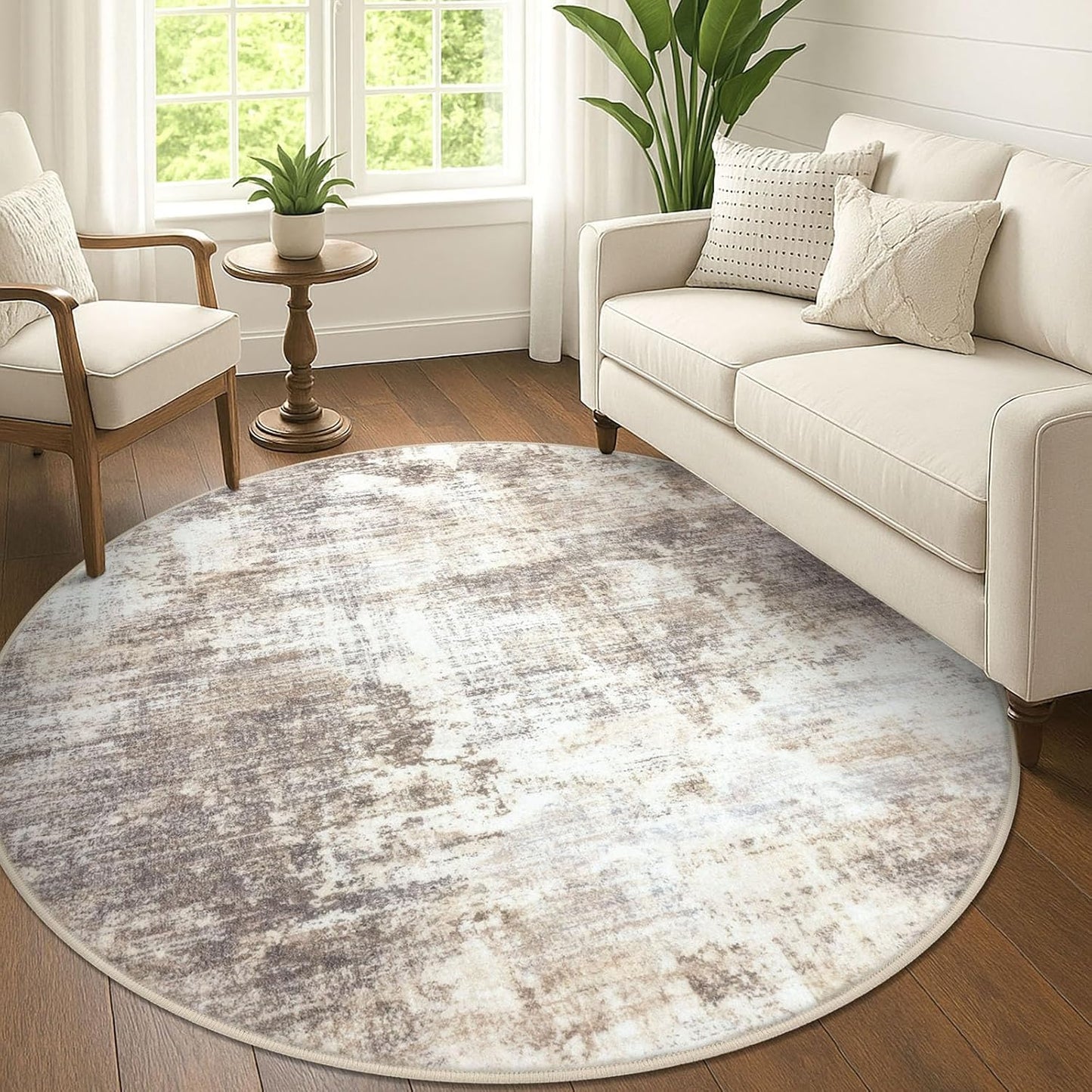 IOHOUZE Abstract Round Area Rug 6 Ft Washable Circle Rugs Large Round Rug Non Slip Thin Soft Circle Rugs, Printed Faux Wool Floor Carpet for Bedroom Living Room Dining Room Nursery, Beige Brown