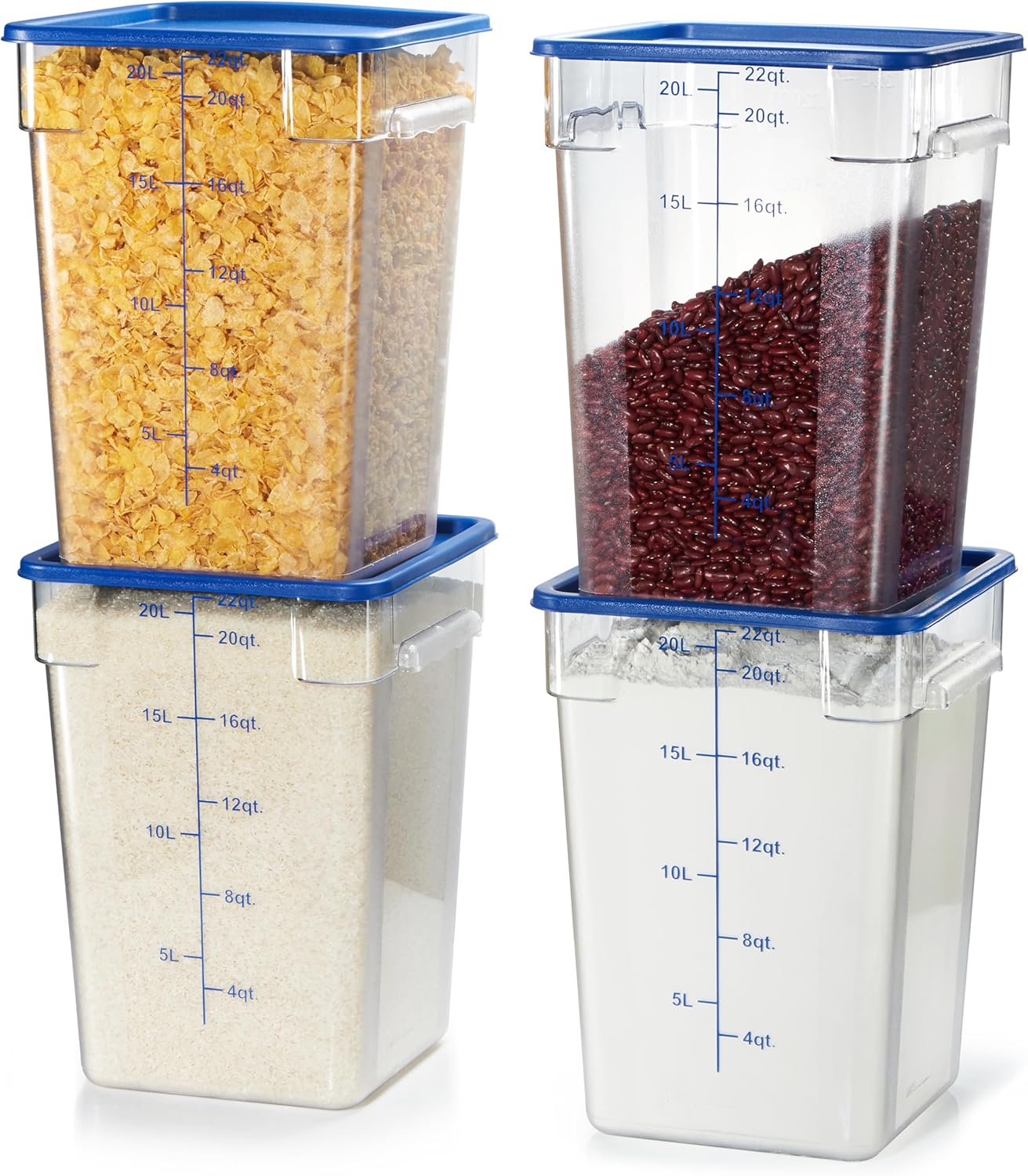 CURTA 4 Pack Food Storage Containers with Blue Lids - NSF Listed Commercial Grade in 22.0 Qt - Square, Clear, Polycarbonate
