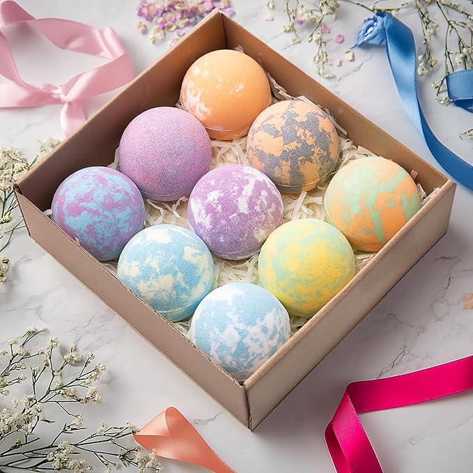 Bath Bombs for Women, 9pcs Handmade Bubble Bath Bombs with Natural Essential Oils, Coco Butters, Holiday Gift for Mother, Wife, Girlfriend, Floral Scents, Rich Bubble and Relaxing Spa