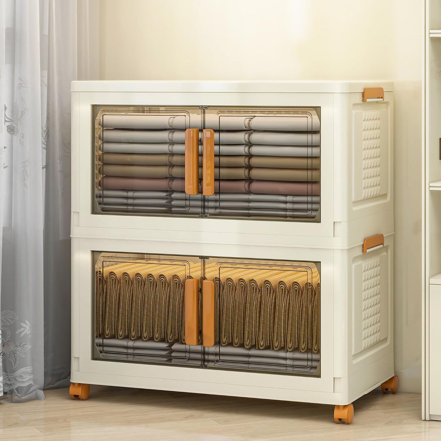 2 Tier Extra Large Stackable Storage Bins with 1 Lid 155 QT/Tier, Collapsible Plastic Box Storage with Wheels, Home Containers Boxes Closet Organizers for Living Room, Office, Dorm