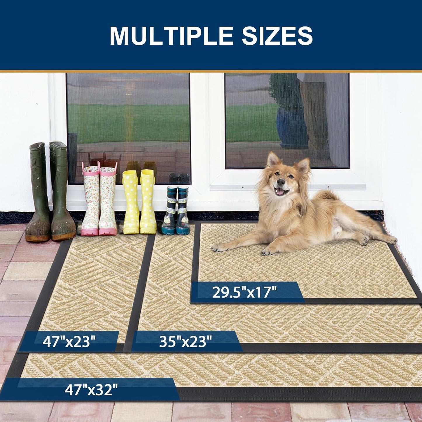 Smiry Front Door Mat Outside Entrance, Heavy Duty Outdoor Indoor Natural Rubber Doormat, Non Slip, Trap Dirt and Moisture, Easy Clean, Low Profile Patio Porch Entryway Mat, 59x23, Beige