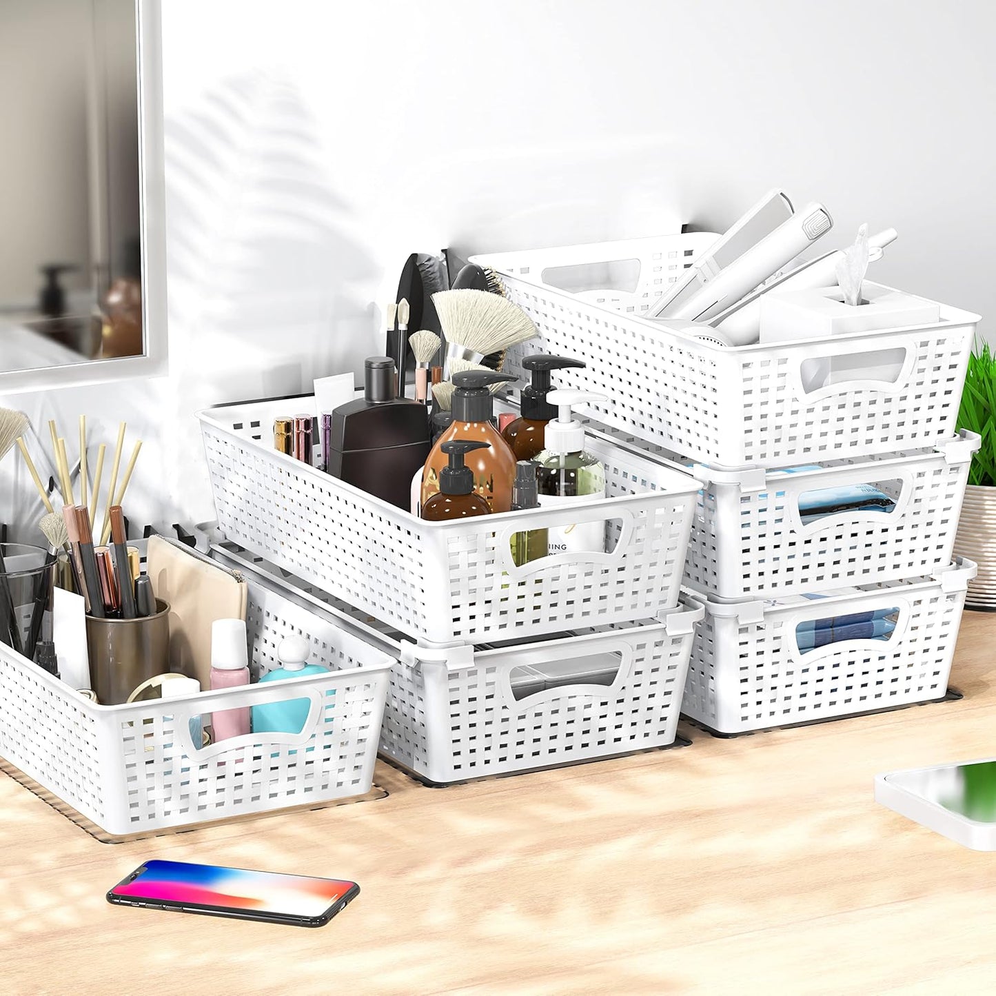 Simple Houseware Plastic Stackable Storage Basket Pantry Organizer, 6 Pack, 14.5" x 8.5" x 3.5", White