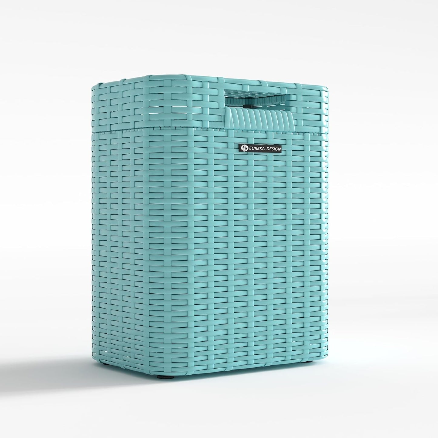 Ypati Handwoven 4 Gallon Rattan Trash Can with Lid, Boho Style Decorative Indoor and Outdoor Trash Bin with Shelf, Waste Basket for Bathroom, Kitchen, Patio, with Trash Bags, Turquoise Blue, Eureka