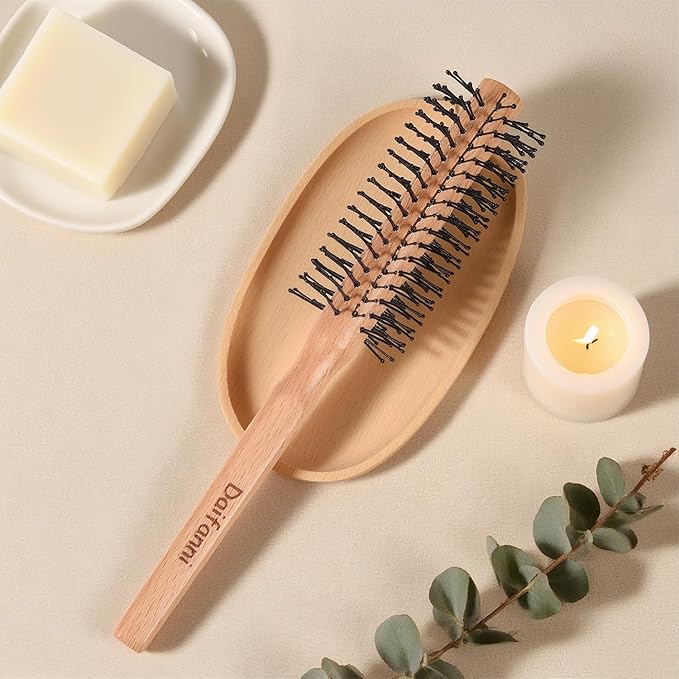 Round Curling Brush for Blow Drying, Wooden Handle Roller Brush with Soft Nylon Bristles, Curling Hair Brush for Wet Hair, Bangs, Beard, Styling