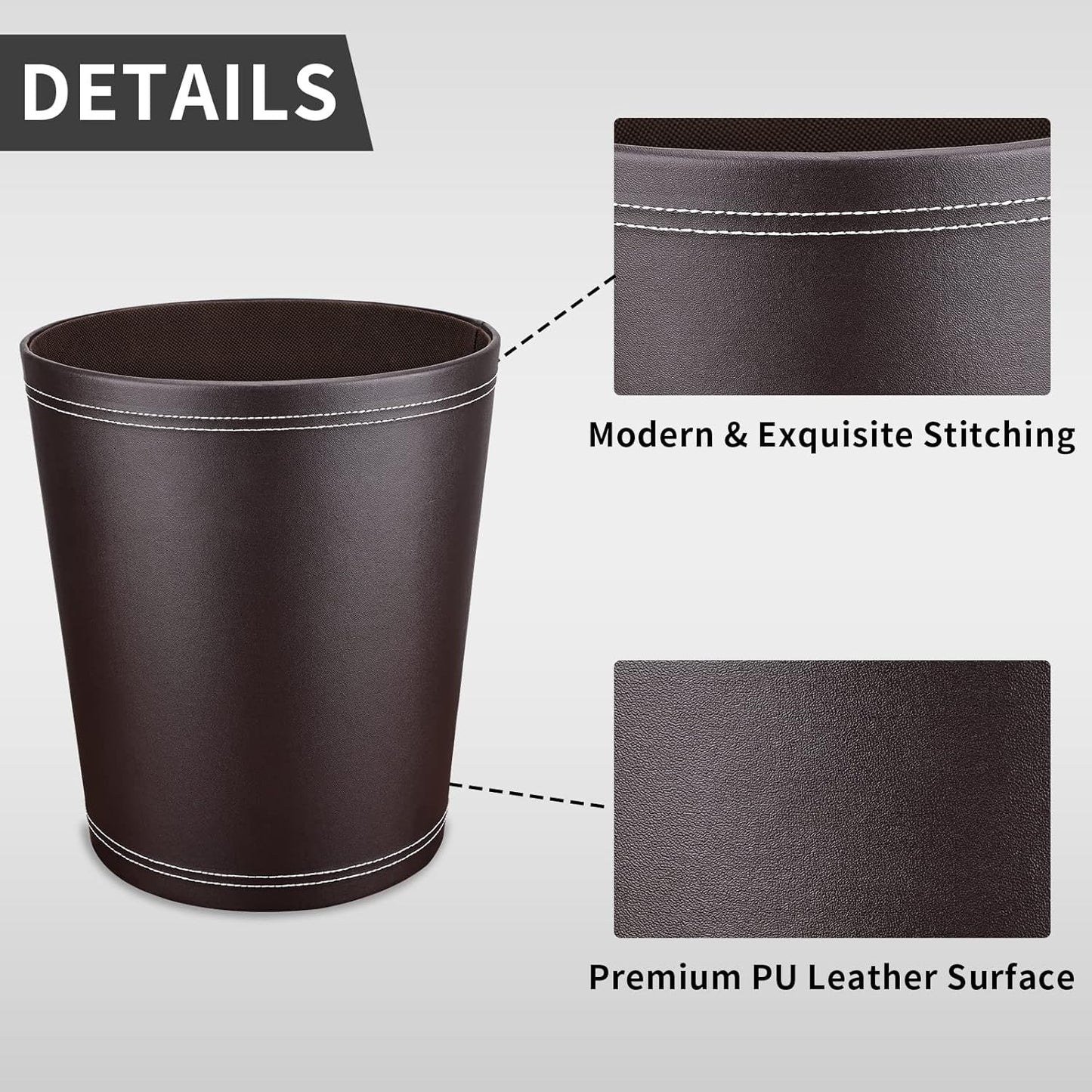 Pu Leather Trash Can for Bedroom, 2.6 Gallon Wastebasket for Office, Small Bathroom Garbage Cans for Home Decorative, Round Waste Basket Bin for Dorm Kitchen Brown