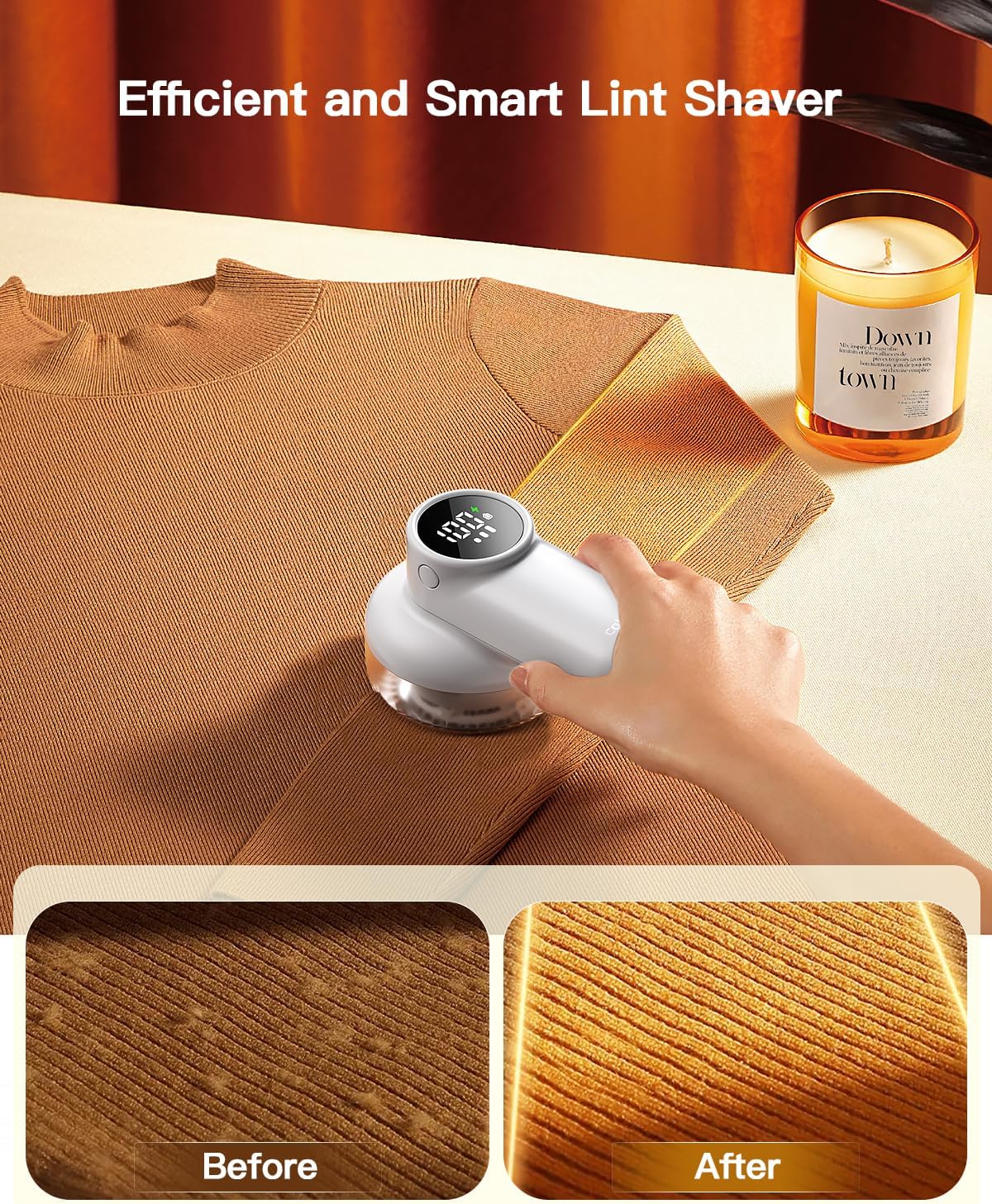 coldSky Rechargeable Fabric Shaver, Lint Shaver with Digital Display, Sweater Shaver with 6-Leaf Blades and Safety Lock, 3-Speeds Defuzzer Remove Fuzz, Pills from Clothes, Furniture, Sofa, White