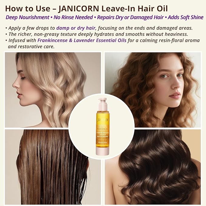 Leave-In Hair Oil with Frankincense & Lavender Essential Oils – Lightweight No-Rinse Formula for Intensive Hydration, Frizz Control & Heat Protection on Dry, Damaged Hair, 3.4 fl oz (100ml)