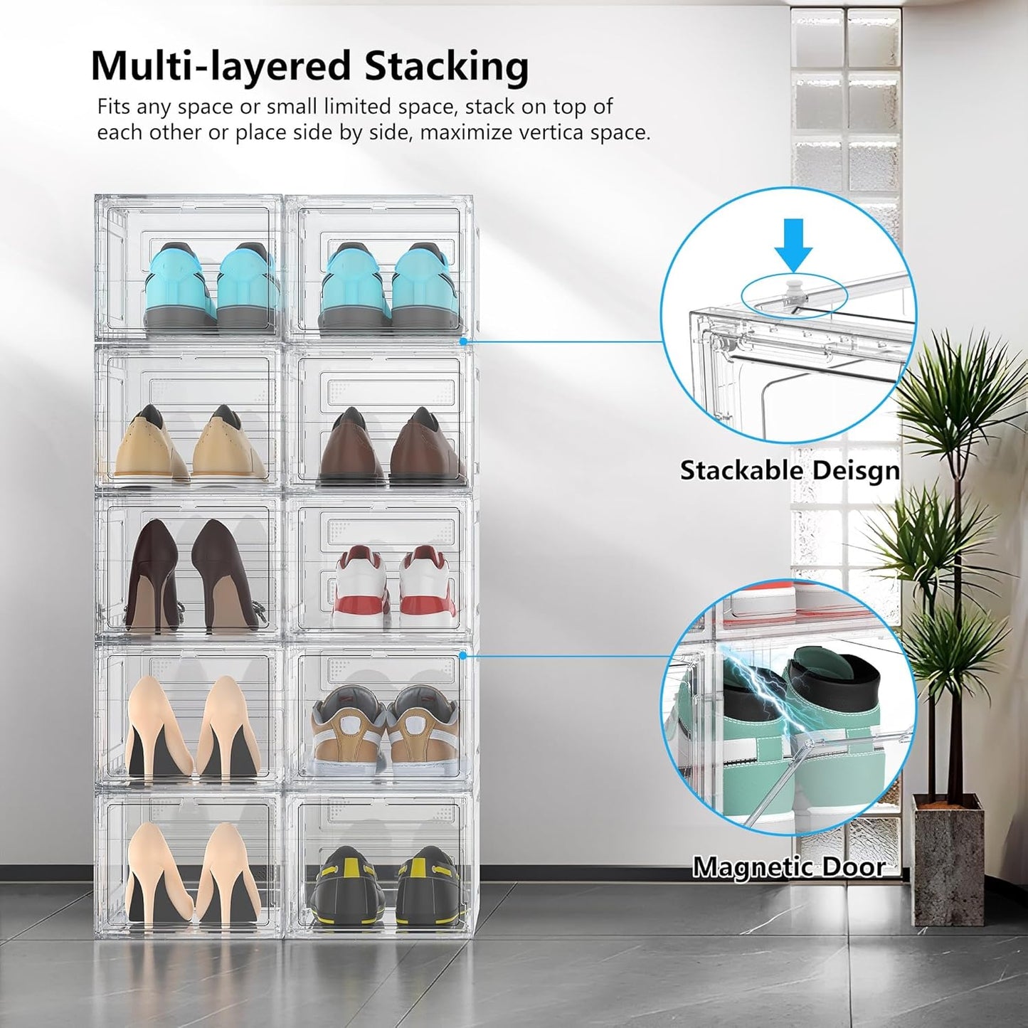 12 Pack Hard Sturdy Thickened Rigid XX Large Shoe Storage Organizer for Closet, Clear Stackable Sneaker Shoe Boxes Rack Containers Display Case Bins with Lids, White