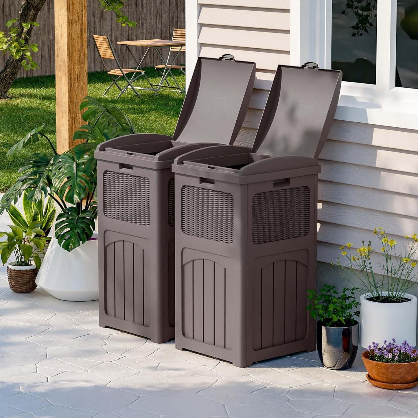Patiowell 36 Gallon Outdoor Trash Can, Resin Outdoor Garbage Can with Lid for Patio, Backyard, Deck, Dark Brown (2 Pack)