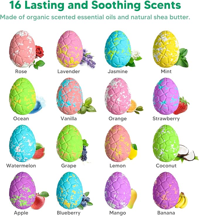 16 Pack Dinosaur Bath Bombs for Kids with Surprise Inside, Dino BathBombs with Toys Inside for Boys Girls Toddlers, Organic Kids Bath Bomb Bubble Bath Dinosaur Bath Toys Easter Birthday Gift Set