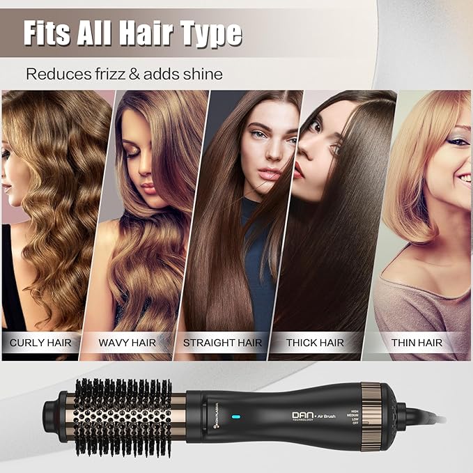Dan Technology Blow Dryer Brush 1.5 Inch Round Blowout Brush 4-in-1 Hot Air Hair Dryer Brush & Styler, Comb, Straightener & Curler with Titanium & Ionic (Black-Rose Gold)
