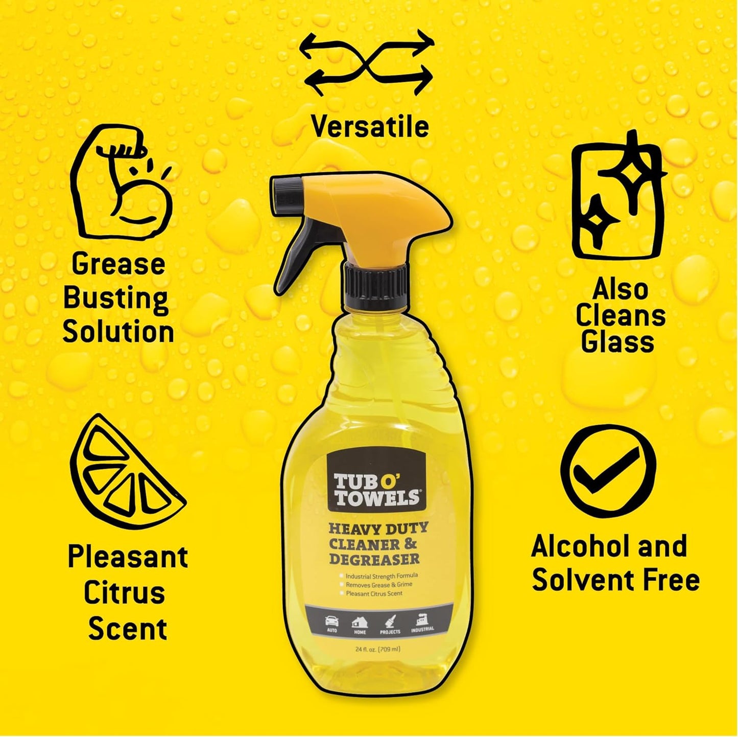 Tub O' Towels Heavy Duty Cleaner and Degreaser Spray Helps in Removing Oil Tar Paint Dirt Caulk Grease Grime Gunk Epoxies, Industrial Strength, Home & Auto, Made In USA, Citrus Scent, 24oz, 12-Pack