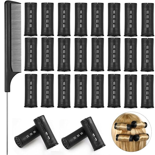 24 Pieces Hair Perm Rods Plastic Cold Wave Perming Curlers Hair Rollers with Steel Pintail Comb Rat Tail Comb Tools for Hairdressing Styling(Black,1.18 Inches)