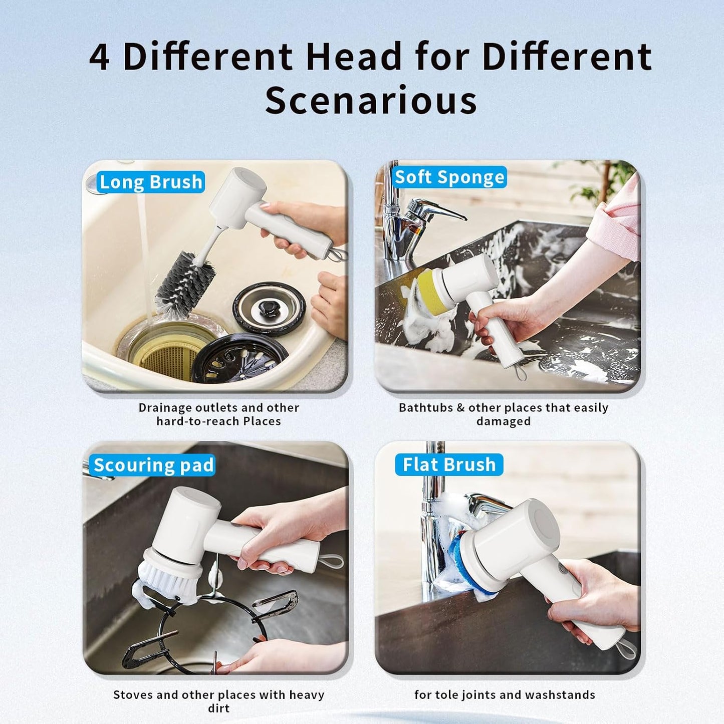 Electric Scrubber Spin- Rechargeable Cordless Handheld Spin Brush with 4 Replacement Brushs with 2 Adjustable Speed Mode for Kitchen,Sink, Bathtub Stovetop ect.