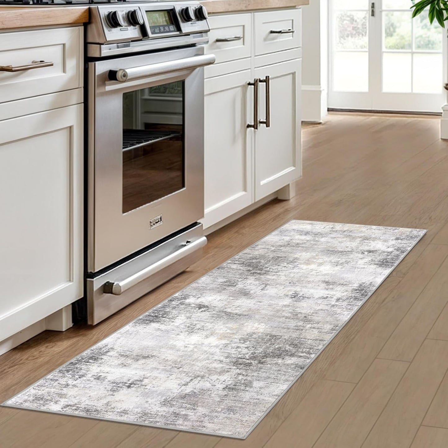 IOHOUZE Abstract Runner Rug 2x6 Ft Washable Runners for Hallways, Non Slip Kitchen Runner Printed Faux Wool Entryway Runner Indoor, Modern Abstract Floor Carpet for Hall Kitchen Bedroom, Grey Beige