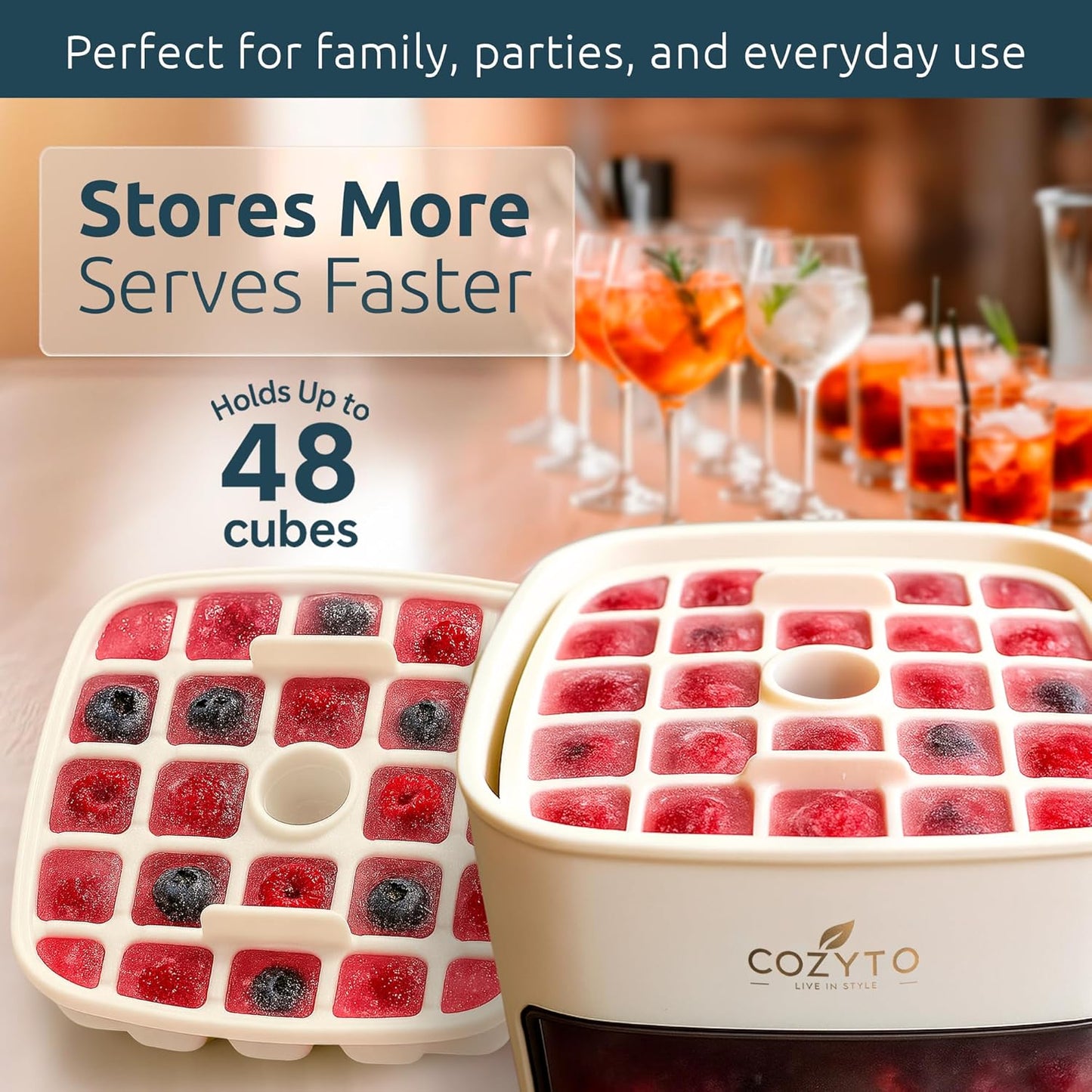 COZYTO CubeGo Ice Cube Tray with Lid and Storage Bin – One-Press Release, 48 Mini Ice Cubes, BPA-Free, Odor-Proof, Includes Scoop – DIY Fruit Ice for Cocktails, Drinks & Smoothies (Cream White)