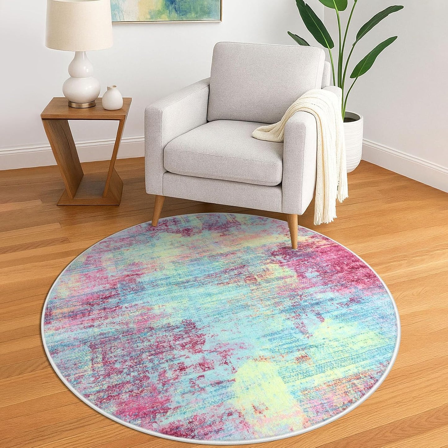 IOHOUZE Round Area Rug 5 Ft Circle Entryway Rugs Round Washable Door Mat Indoor Entrance, Non Slip Circle Front Door Rug, Printed Abstract Faux Wool Floor Carpet for Foyer Porch Sink, Pink Teal