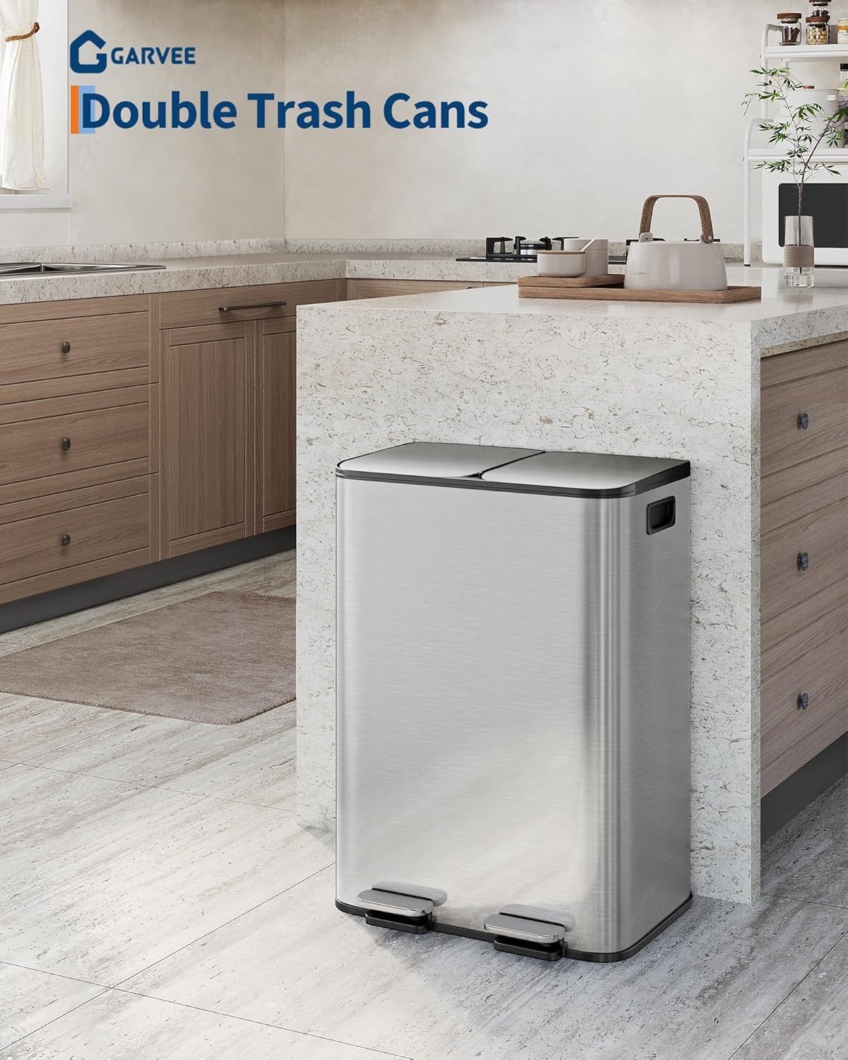 GarveeHome 2 x 8 gal Stainless Steel Double Trash Can with Lid for Kitchen, Large Dual Trash and Recycle Bin Combo, Step-on Kitchen Metal Garbage Cans, PP Inner Buckets, Liner Rim, Silver