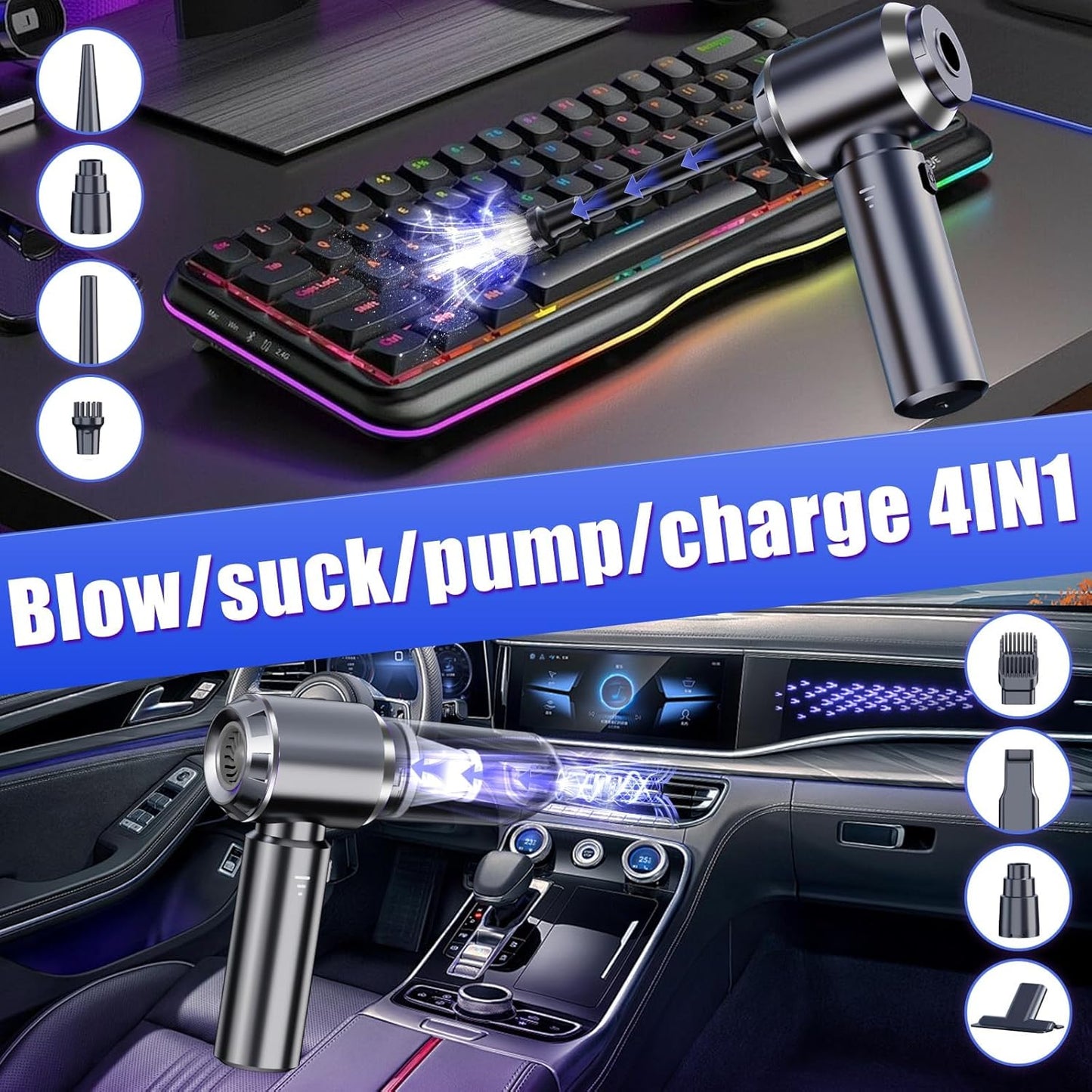 Car Vacuum Portable Cordless 21000PA High Power Mini Vacuum Cleaner 4-in-1 Compressed Air Duster & Air Blower & Pump Hand Held Vacuum with Brushless Motor for Car, Home, Office,Camping (silver gray)