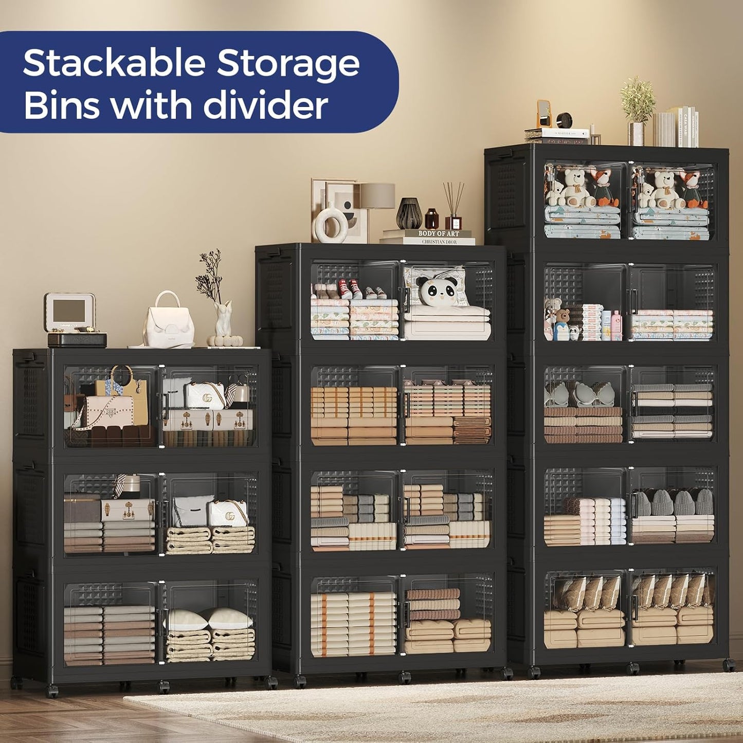 200GAL Extra Large Storage Bins with Lid, 800Qt Stackable Closet Organizers and Drawers, Collapsible Storage Bins with Wheels, Folding Storages Cabinet for Home Bedroom Office, 5Pack Black