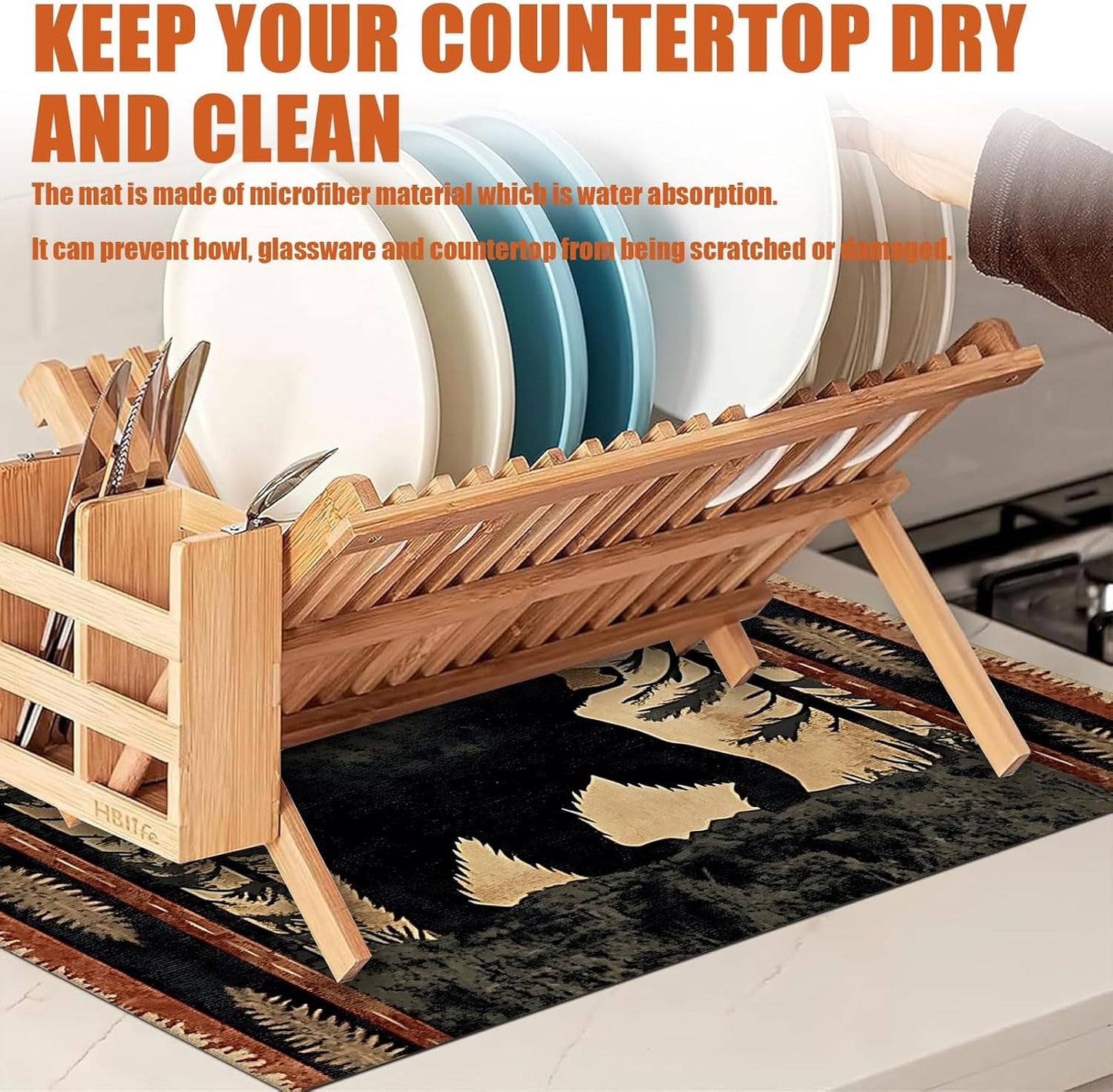 Forest Bear Dish Drying Mat for Kitchen Counter Microfiber Absorbent Dish Kitchen Drying Mat Draining Reusable Washable for Dishes/Utensils/Counterto