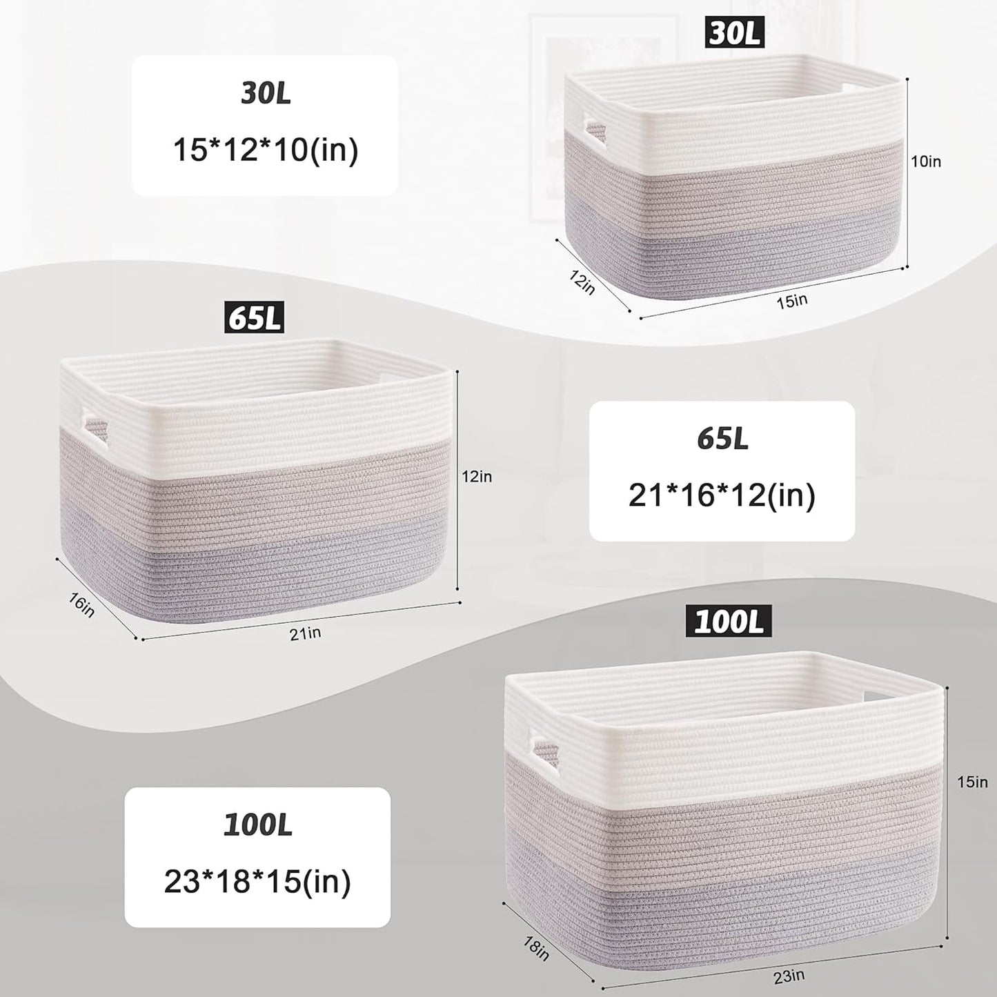 Blanket Basket,Rectangle Woven Baskets for Storage,65L Laundry Basket for Decorative Nursery Blanket,Toys,Dirty Clothes and Magazine in Shelves,Baby Room,and Living Room