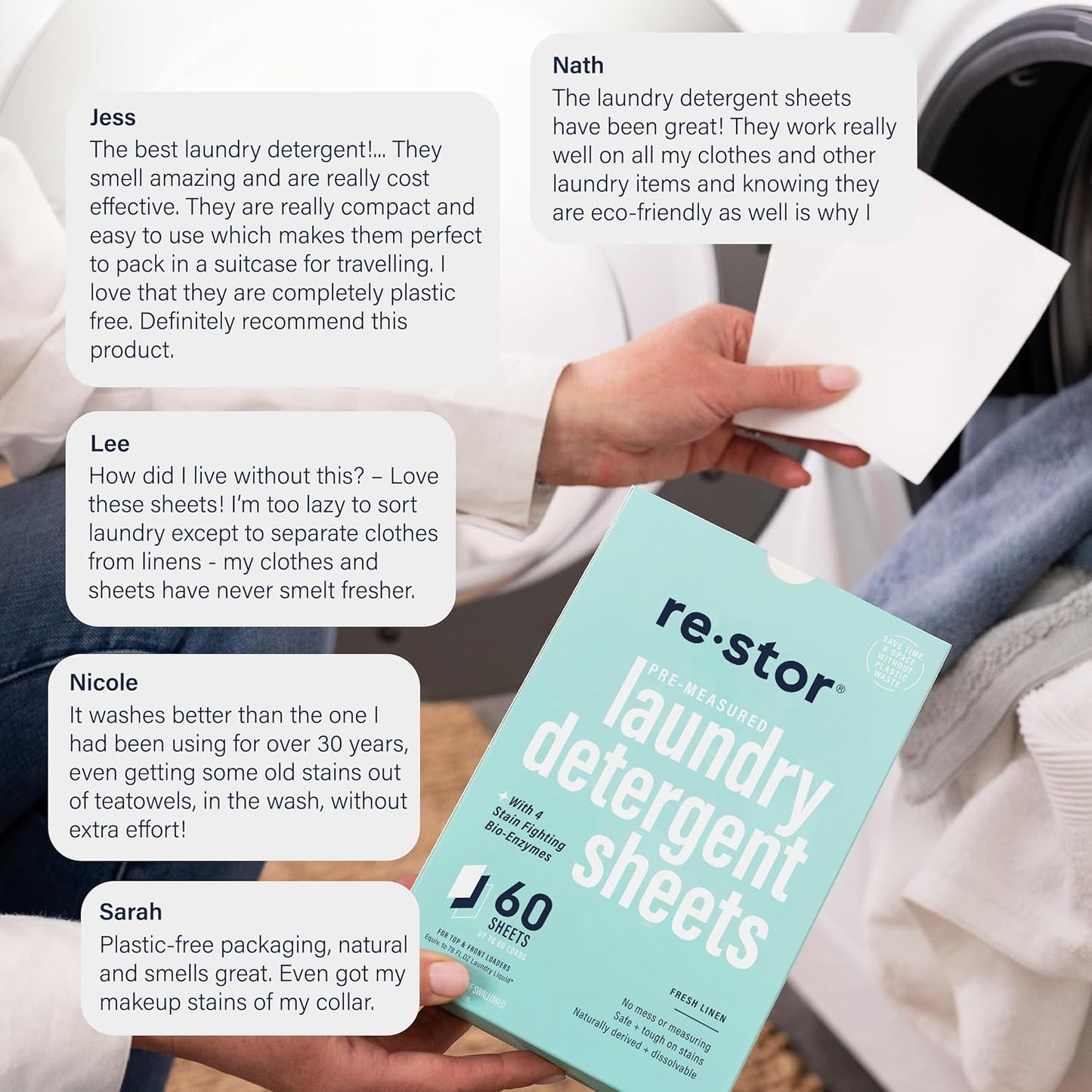 restor Laundry Detergent Sheets Fresh Linen 60 Loads | Eco Friendly Plastic Free Travel Laundry Washer Sheets | Superior Stain Fighting Washing Detergent sheets Number One in Australia