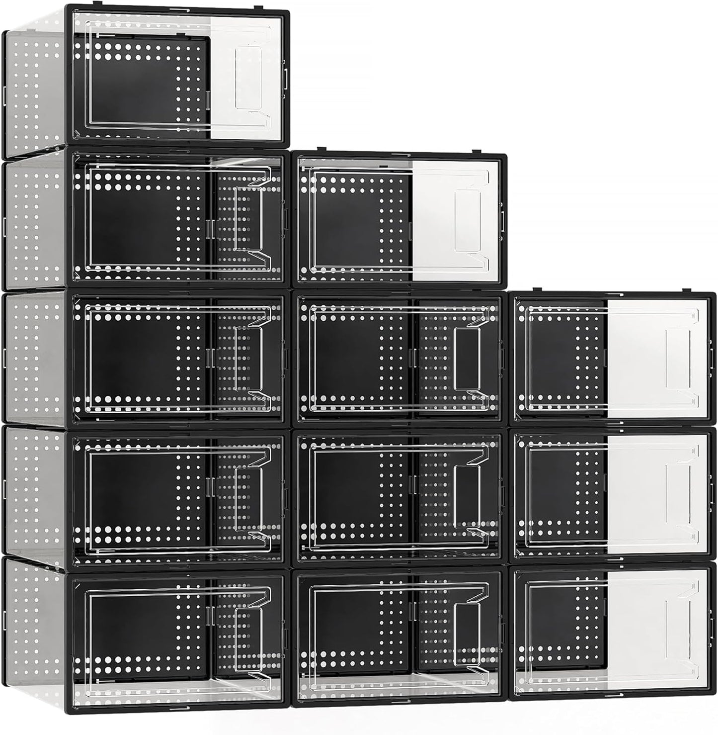 Secret Space 12 Pack XXX Large Shoe Organizer Storage Boxes for Closet, Modular Space Saving Shoe Boxes Clear Plastic Stackable Sneaker Containers Display Case with Lids, Black05