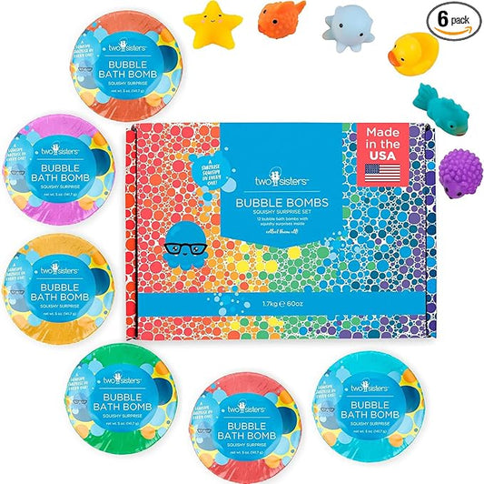 Squishy Bath Bombs for Girls & Boys with Surprise Toys Inside (6 Pack) - Large Bubble Bath Bombs & Hidden Figures, Gentle and Safe Fizzies, Made in USA, Gifts for Kids by Two Sisters