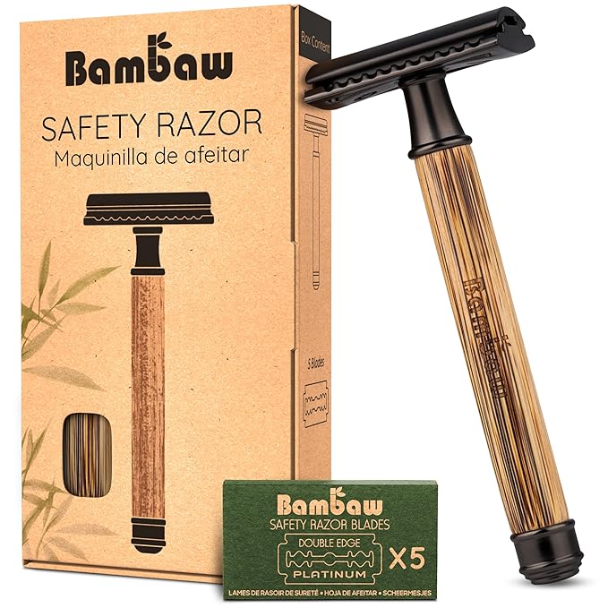 Bambaw Single Blade Razors for Men & Women, Bamboo Razor with 5 Blades, Double Edge Safety Razor, Eco-Friendly, Reusable & Plastic Free – Slim Bamboo Black