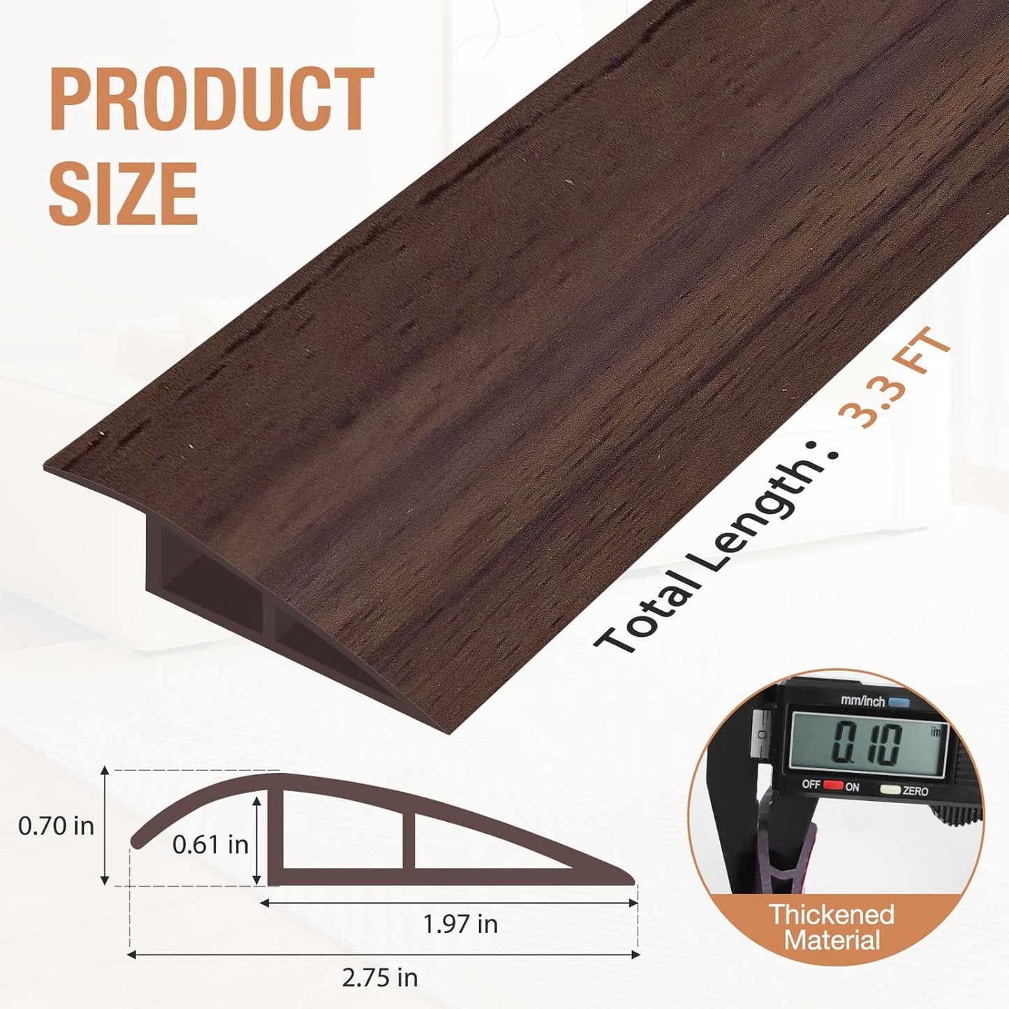Floor Transition Strip Self Adhesive Vinyl Door Threshold for Doorways Carpet Edging Trim Overlap Edge Reducer for Laminate Floor, Carpet, Tile (Deep Brown Wood Grain, 2/5" to 3/5", 3.3Ft)