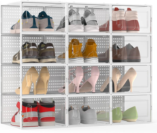 12 Pack XXX-Large Modular Clear Plastic Stackable Shoe Storage Organizer for Closet, Space Saving Versatile Sneaker Shoe Rack Containers Bins Holders, Portable Closet Organizers and Storage, White