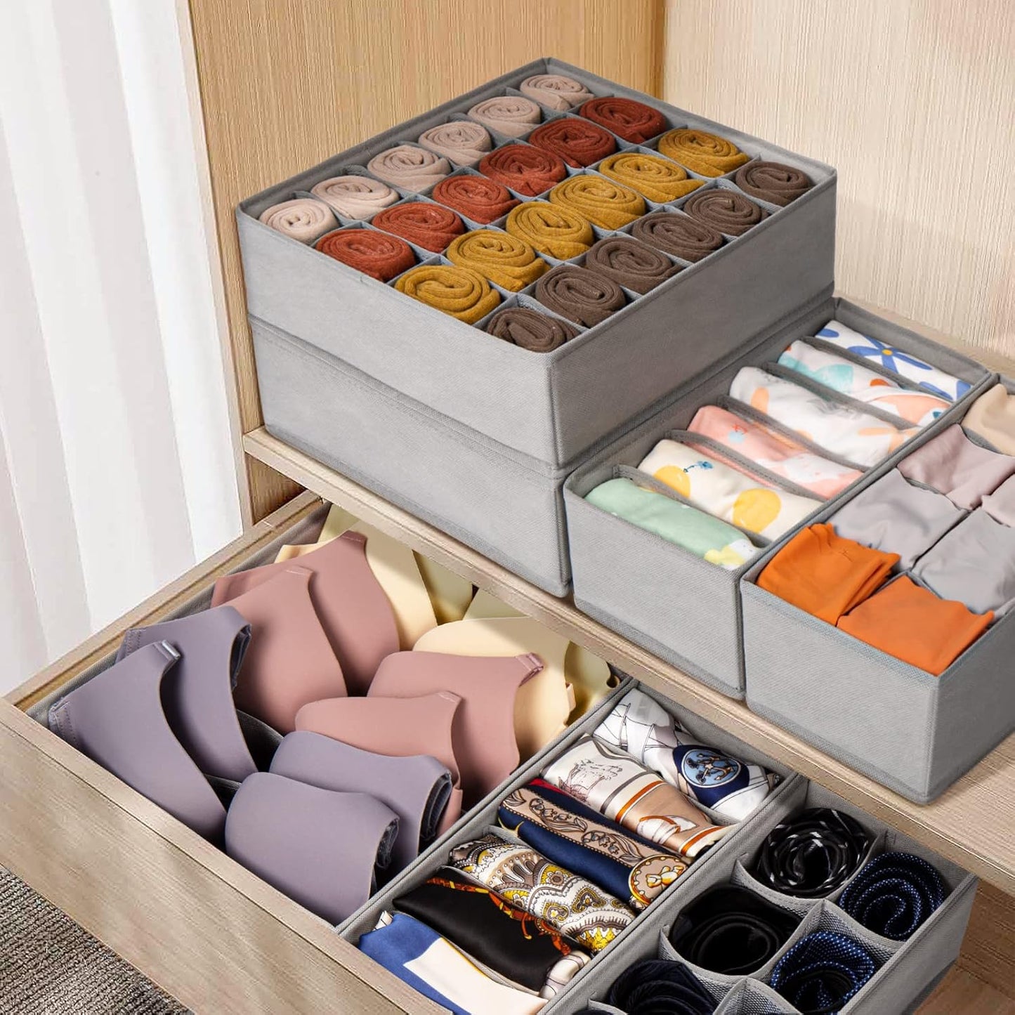 6 Pack Sock Underwear Drawer Organizer Dividers, 58 Cell Foldable Fabric Dresser Closet Organizers and Storage Bins for Clothing, Baby Clothes, Bra, Panty, Scarf, Ties (Grey)