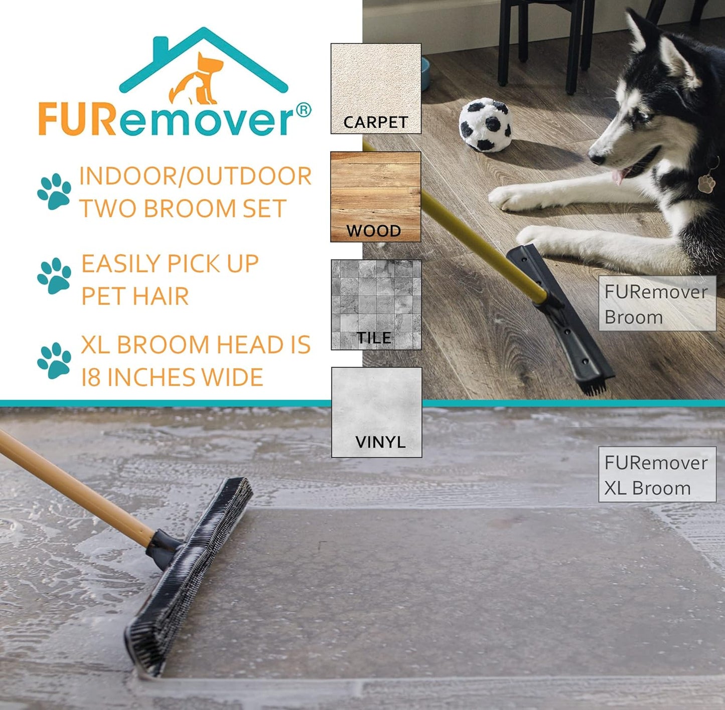 FURemover Pet Hair Rubber Broom 2-Piece Set containing Original and PRO Furemover Brooms for Carpet, Tile and Hardwood