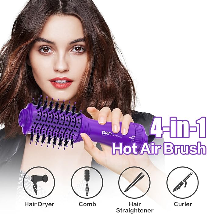 Dan Technology Blow Dryer Brush Hair Dryer Brush Hot Air Blowout Brush 120V 3 Speeds Oval Shape Volumizer Straightener Brush Faster Drying Mini Size Lightweight (Purple)
