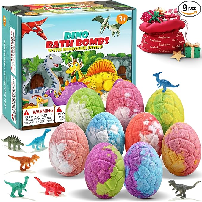 Bath Bombs for Kids with Dinosaur Toys Inside, 9 Pack Natural and Organic Dinosaur Bath Bombs Bubble Bath Gift Set, Stocking Stuffers for Kids, Perfect Christmas Birthday Gifts for Kid 3-12