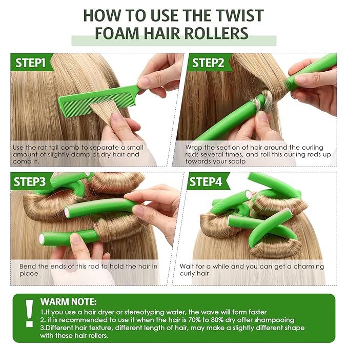 WILLBOND 60 Pieces Flexible Curling Rods Hair Curlers Rollers Twist Flexi No Heat Rods Rollers for Long Short Hair Women(0.5 x 7 Inch,Green)