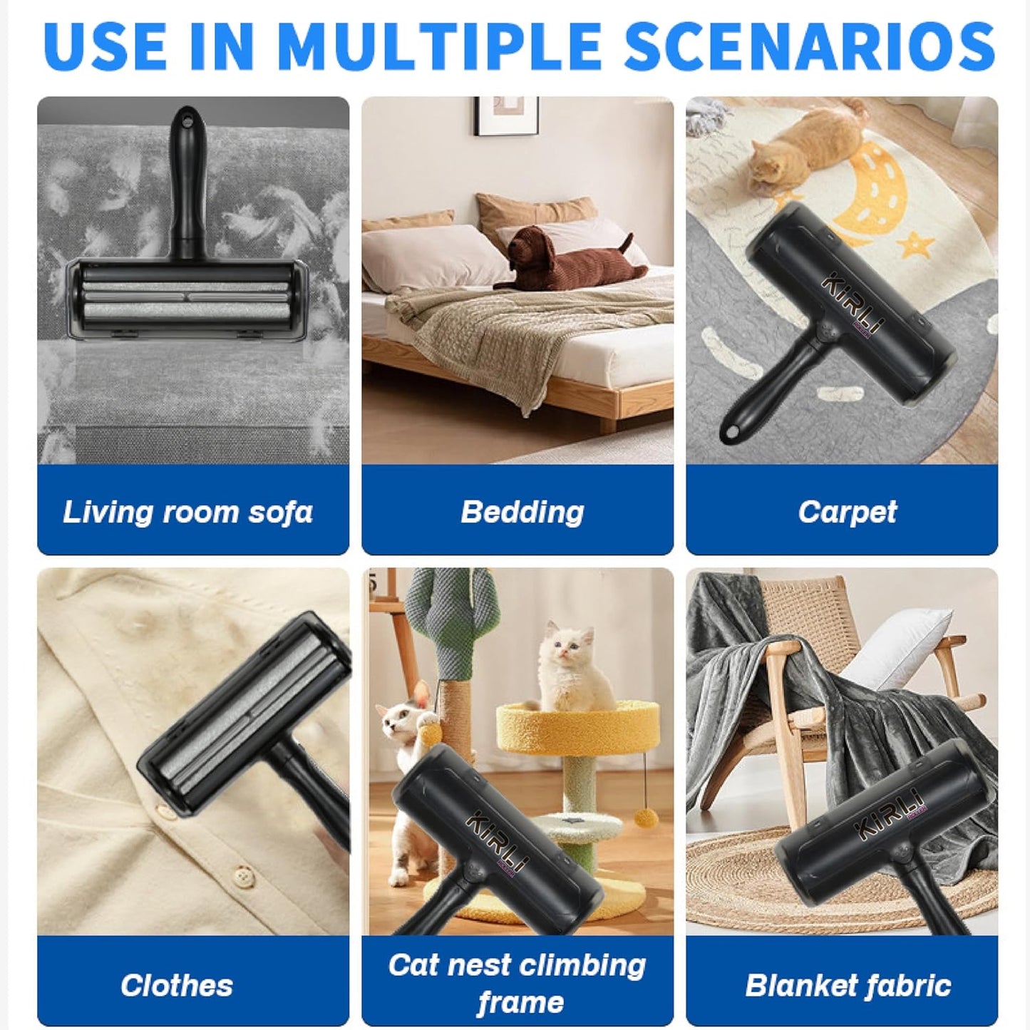 KIRLI Pet Hair Roller, Fur Remover Tool with Built-in Fur bin, Reusable Lint Roller for Pet Hair, Multi-Surface Furniture Clothing, Couch, Carpet, Bedding Cat and Dog Hair Remover (Black)