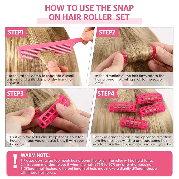 Syhood 24 Pcs Snap Hair Roller, Small Plastic Rollers Curlers with Rat Tail Comb for Long Short Hair Styling Tool(0.59 x 2.28 Inch,Pink)