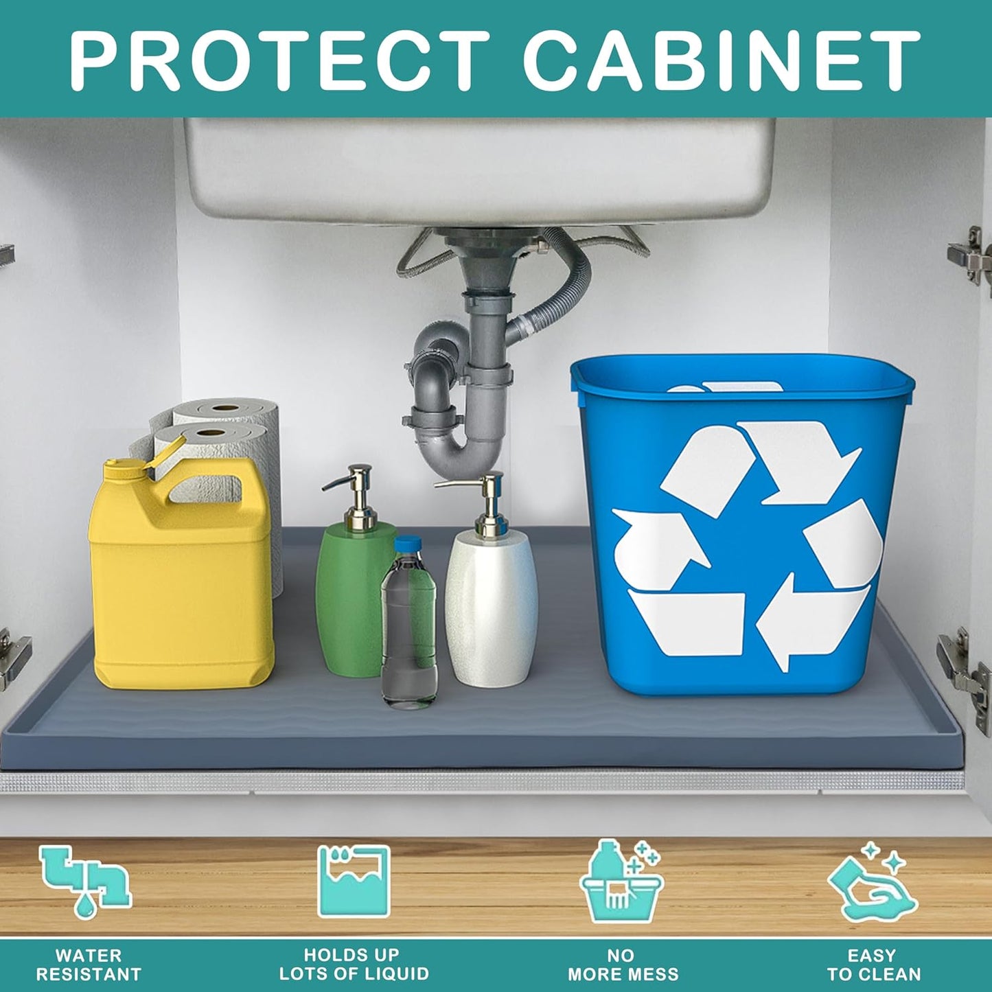 URMONA Waterproof Silicone Under Sink Mat 37'' x 22'' Shelf Liner for Kitchen and Bathroom, Cabinet and Counter Protector, Storage and Organizers, Litter Mat, Pet Cat Puppy Essentials(Cream)