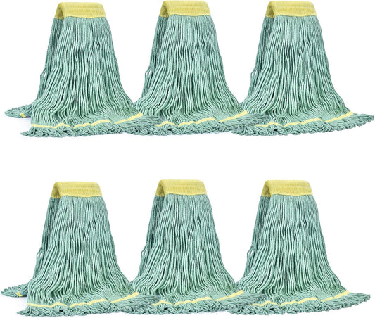 Matthew Cleaning Commercial Mop Head Replacement, 5 Inch Wide Headband, Looped End Cotton Blend String Wet Mops for Floor Cleaning, 24 oz Large, 6-Pack Green