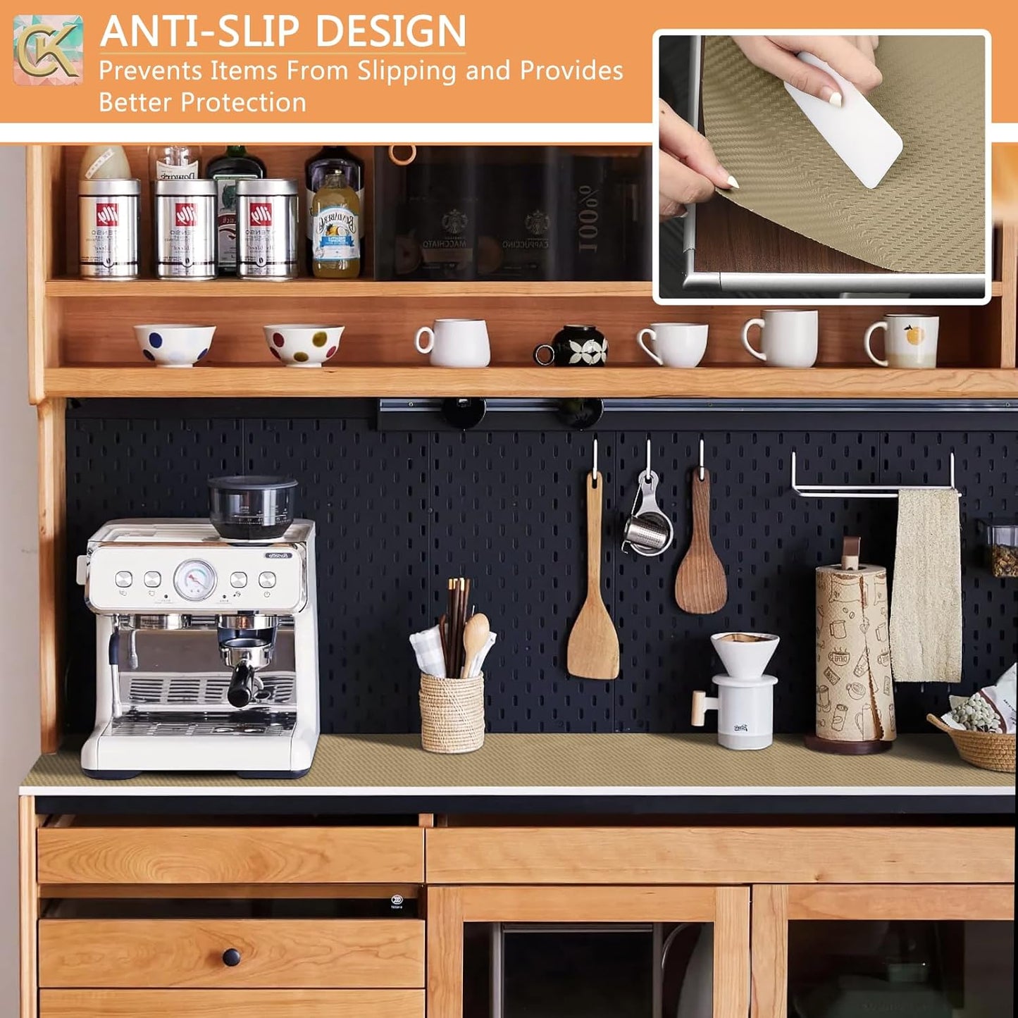 Self-Adhesive Shelf Liner Kitchen Liner, Waterproof Backed Paper Easy Peel and Stick Contact Liner Without Residue for Decor Your Desk Surface, Kitchen Countertops (Dark Khaki, 11.8 x 393.7 inches)