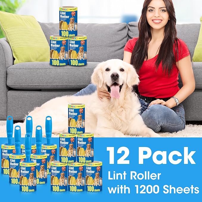 AZEN Lint Roller, Lint Rollers for Pet Hair Extra Sticky, 1200 Sheets Lint Roller with 6 Upgraded Handles, 12 Roller Portable Lint Remover for Clothes, Pet Hair Remover, Lint Rollers for Clothes