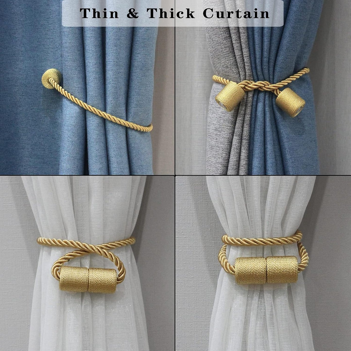 2 Pack Strong Magnetic Curtain Tiebacks Outdoor Elegant Decorative Tie Backs Modern Rope Tiebacks for Drapes Window Curtain Holdbacks for Draperies- Gold