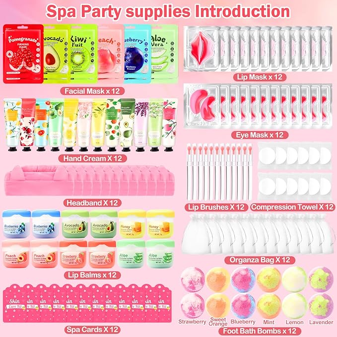 132 PCS Spa Party Supplies for Girls, Spa Party Favors Include Face Masks Skincare, Hand Cream, Lip Balm, Under Eye Patches, Lip Mask and Foot Bath Bombs, Spa Birthday Sleepover Party Supplies