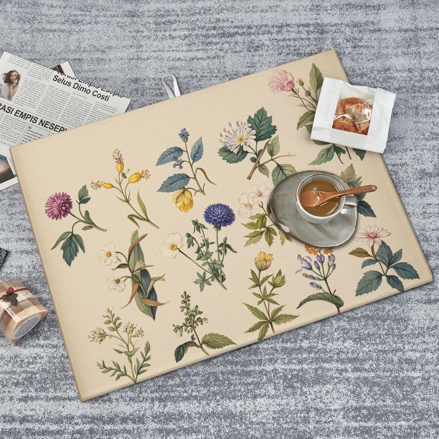 Vintage Plants Herbs Floral Dish Drying Mat Highly Absorbent Double-Sided Microfiber with Hanging Loop Reversible Drain Dish Rack Mat Drain Mat Suitable for Kitchen Countertop Coffee Bar 18 x 24 Inch