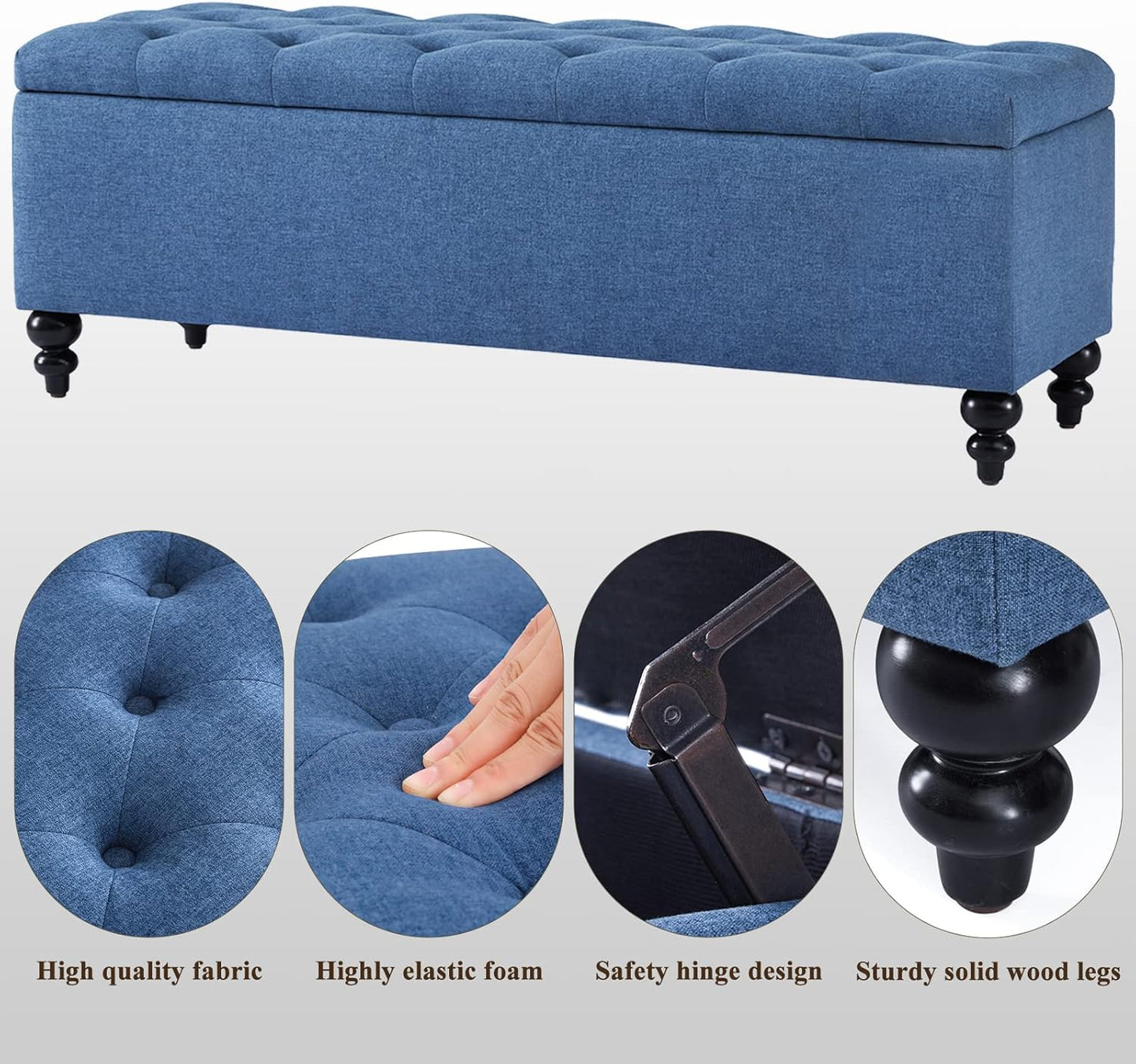 Storage Ottoman 50.2 Inches Upholstered Fabric Storage Ottoman Bench，Button Tufted Ottoman with Storage for Living Room，Bedroom End of Bed Bench Withstands 302lbs (Blue)
