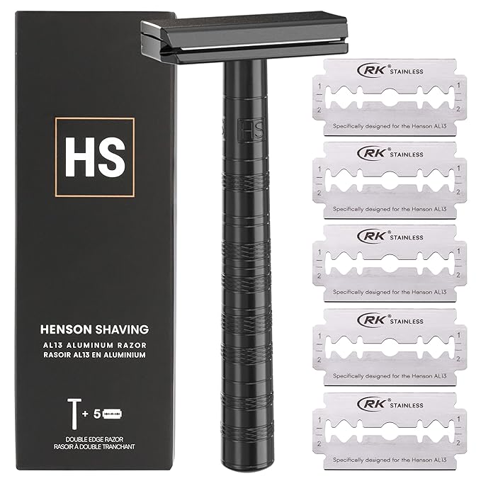 Henson Shaving Razor - Jet Black Double Edge Safety Razor with 5 Spare Blades - 30° Angled Precision With Superior Blade Rigidity- Reusable Single Blade Razors For Men and Women - Mild Aggression