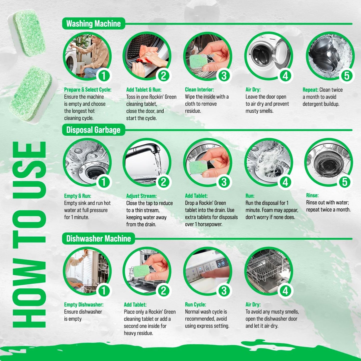 Rockin' Green Deep Cleaning and Deodorizing Tablets for Dishwashers, Washing Machines, and Garbage Disposals, Removes Odor and Residue (Multi-purpose Cleaning Tablets, 24 Pack)